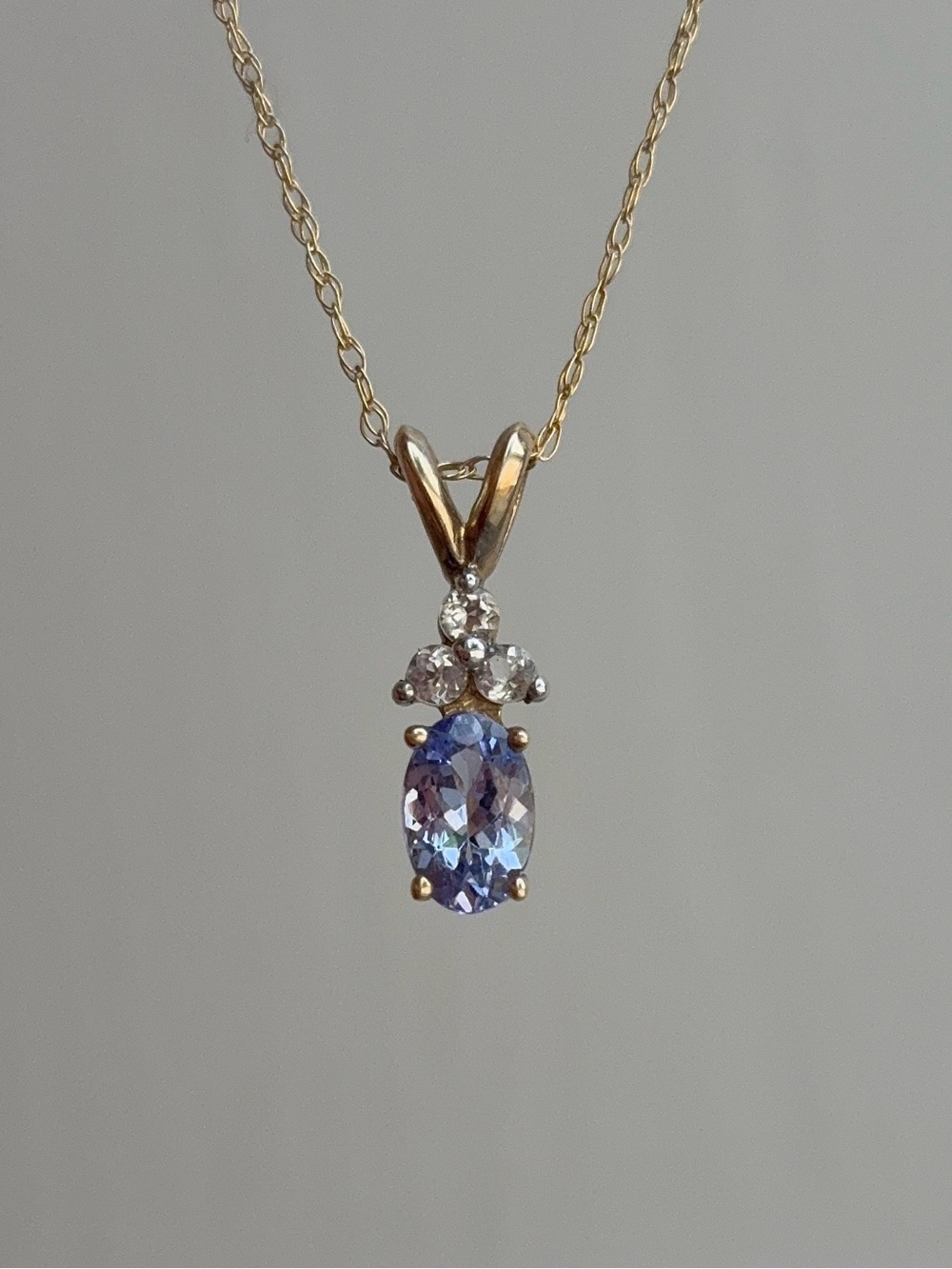10K Yellow Gold Tanzanite White Topaz Oval Gemstone Pendant Necklace